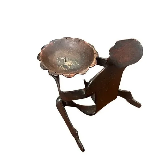 Brutalist Cast Iron Metal Person Sculpted Shaped Candle Holder Display Vtg